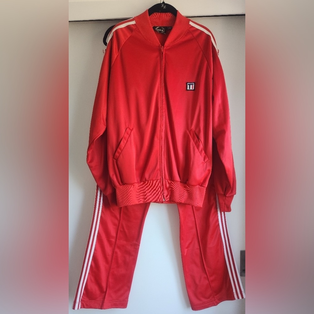 Todd #1 Mens Track Suit Red White Pockets Mock Neck 1980s Vintage RARE MEDIUM